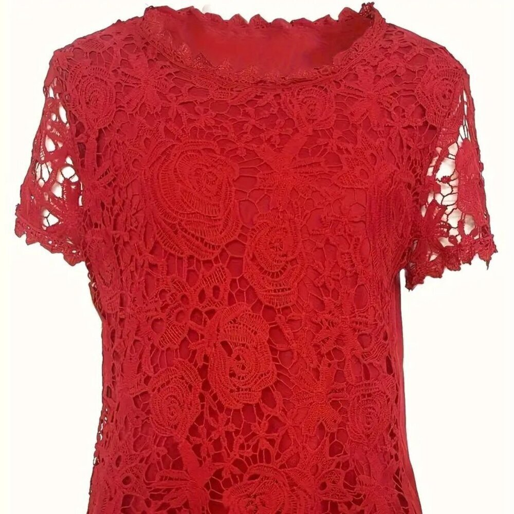 BCBGMaxAzria Red Lace Short Sleeve Top